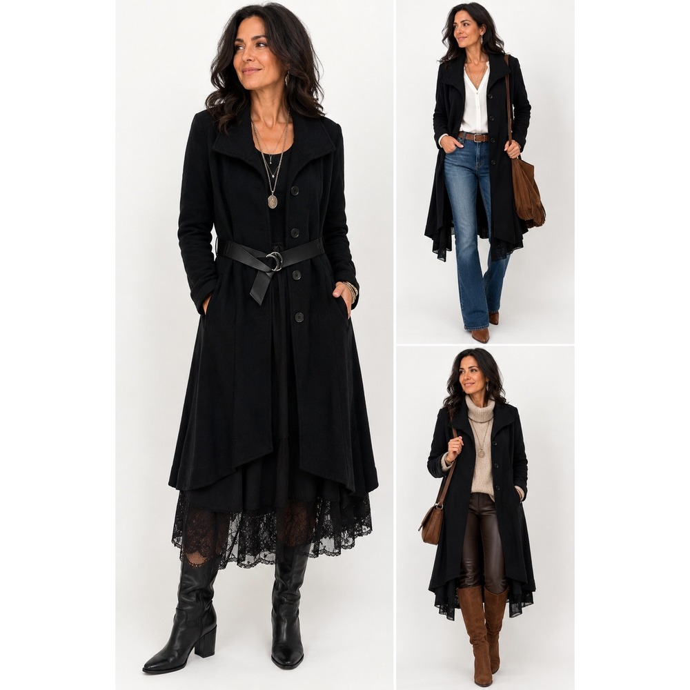 ZOZO Knit Trench Coat Large Black Belted Longline Jacket Goth